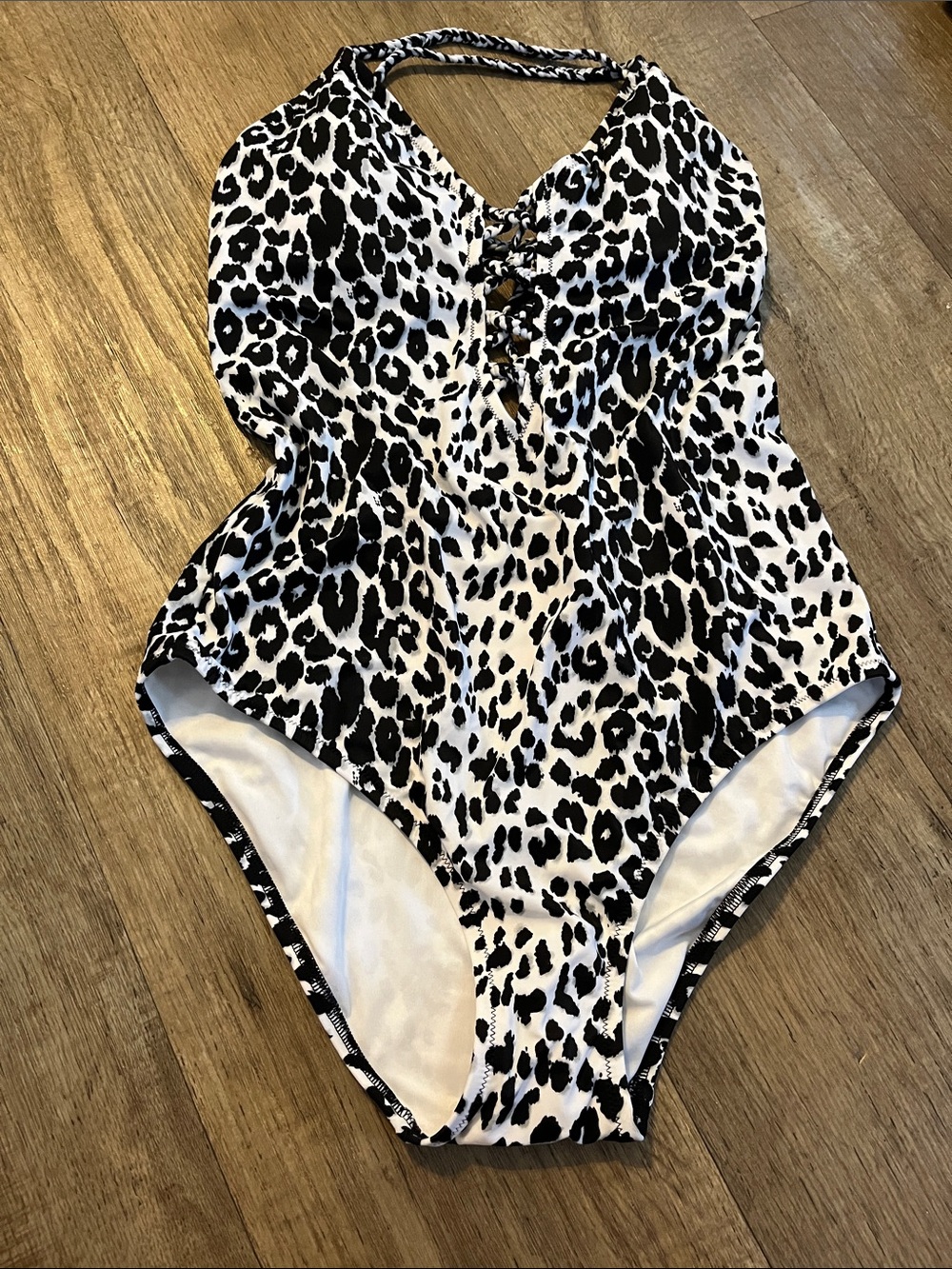 Victoria's Secret Black and White Leopard Halter One-Piece